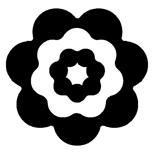 Ein stilisiertes, geometrisches Blumenmuster in Schwarz auf weißem Hintergrund, minimalistisch und symmetrisch.